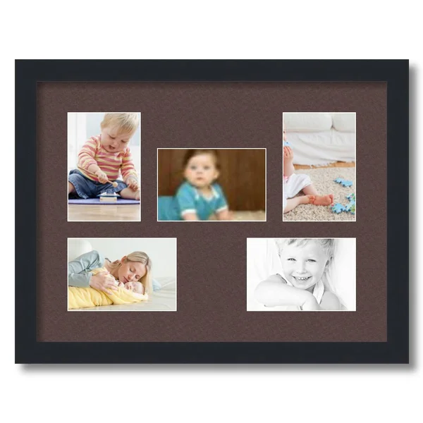 Collage Picture Frame, Satin Black Frame with 5 openings for 4x6 Photos with Brown Peat Mat. D3926DN322, ArtToFrames