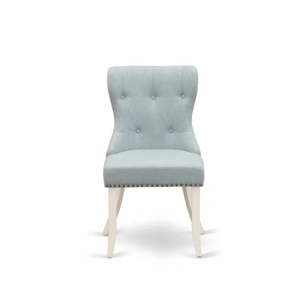 East West Furniture SIP2T15 Parson Dining Room Chair Includes White Solid Wood Structure with Baby Blue Linen Fabric Seat with N