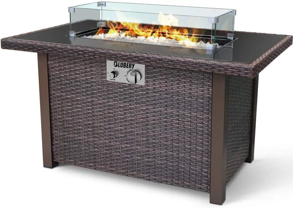 BLUBERY 44'' Propane Fire Pit Table - 50, 000 BTU PE Rattan GAS Fire Pit with Black Tempered Glass Tabletop, Glass Wind Guard, Aut