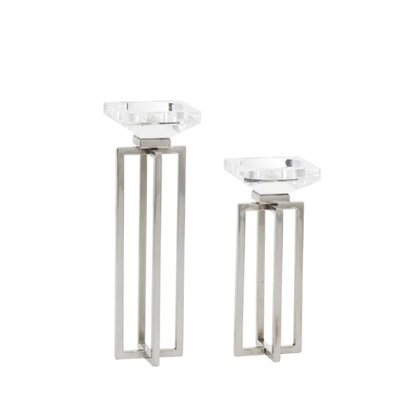 2 Pcs Candle Holders for Pillar Candles Modern Glass and Stainless Steel Centerpieces for Home Silver - 4 x 4 x 13 - White