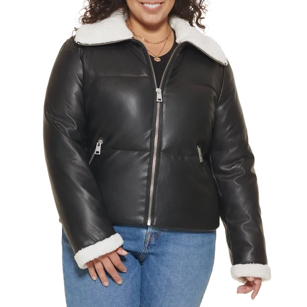 Levi&s Trendy Plus Size Sherpa-Trimmed Faux-Leather Puffer Jacket - Black/Cream