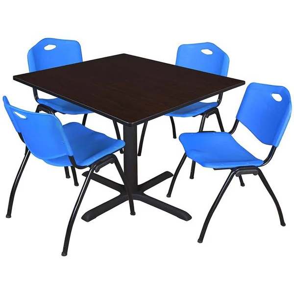 Regency Cain 48x22 Square Breakroom Table- Mocha Walnut & 4 &M& Stack Chairs- Blue