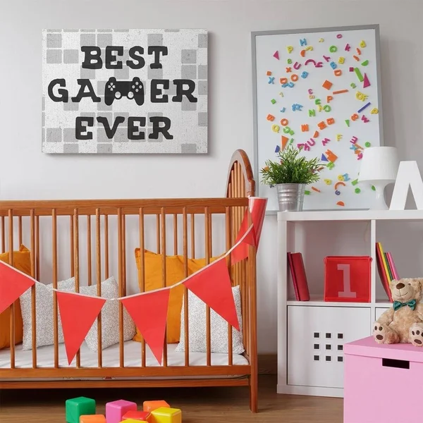 Stupell Industries Best Gamer Ever Phrase Video Game Reference Neutral Tile Canvas Wall Art - White - 36 x 48