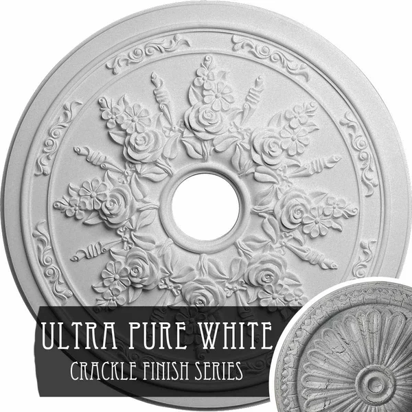 23 5/8x22OD x 4x22ID x 1 1/2x22P Rose and Ribbon Ceiling Medallion (Fits Canopies Up to 4x22), Hand-Painted Ultra Pure White Cra
