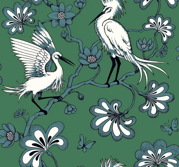 York Wallcoverings Florence Broadhurst Egrets Wallpaper - Green