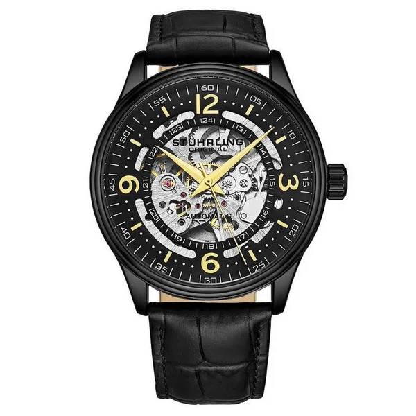 Stuhrling Original Legacy Black Dial Men's Watch M15745, Automatic Movement, Leather Strap, 42 mm Case in Black, Gold Tone, Ye