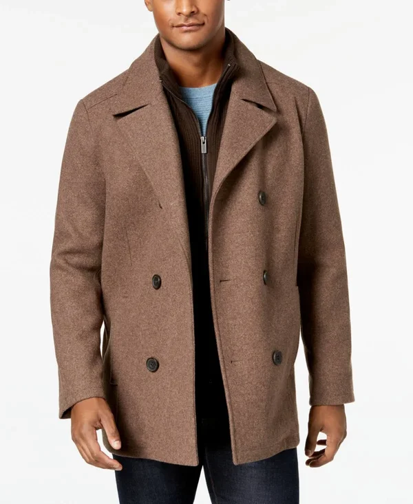Kenneth Cole Men's Double Breasted Wool Blend Peacoat with Bib - Medium Brown