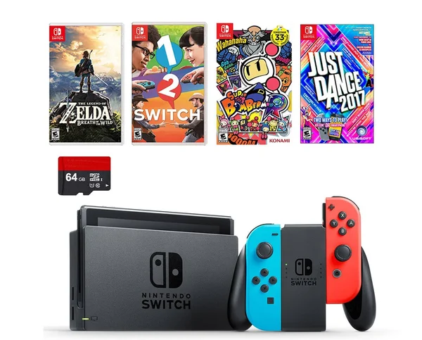 Nintendo Switch with Joy-Con - 32 GB - Neon Blue/Neon Red - includes 64GB SD Card, 1-2-Switch, Just Dance 2017, The Legend of Ze