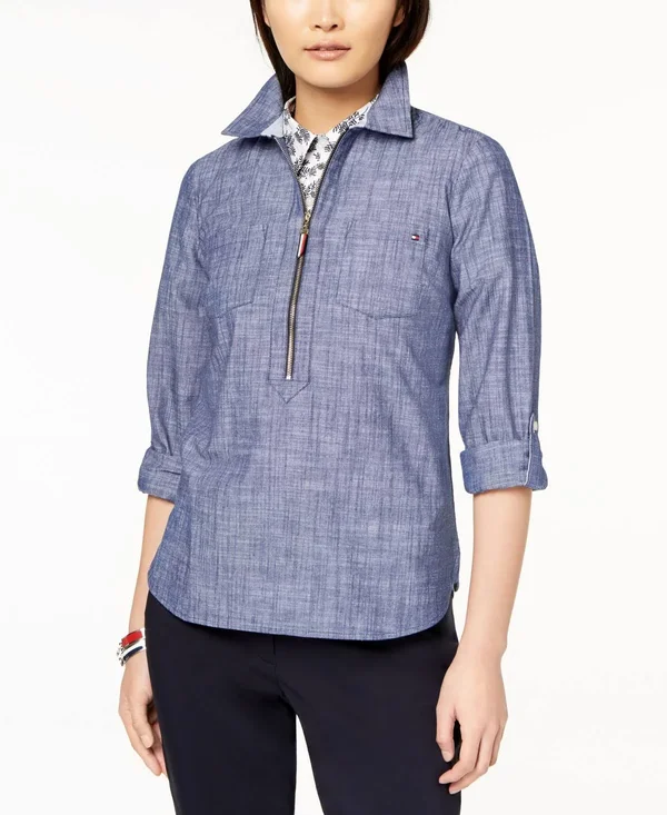 Tommy Hilfiger Women's Half Zip Popover Shirt, Chambray Blue, S