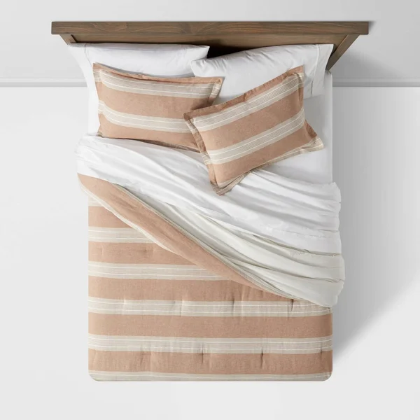 Twin/Twin XL Chambray Yarn Dye Stripe Comforter & Sham Set Brown - Threshold