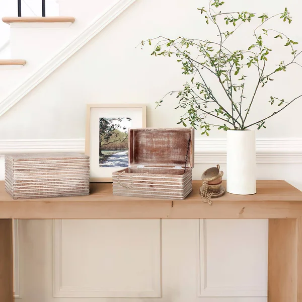 The Urban Port Block Stripe Pattern 2 Piece Rectangular Wooden Jewelry Box - Whitewash