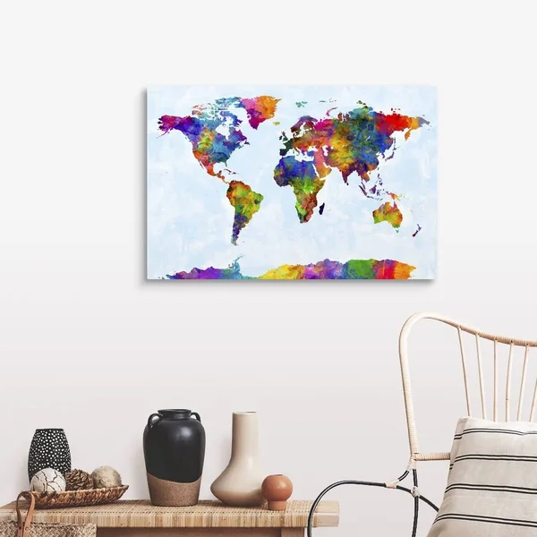 Watercolor Map of The World Map, Canvas Wall Art, 36x24, Great Big Canvas