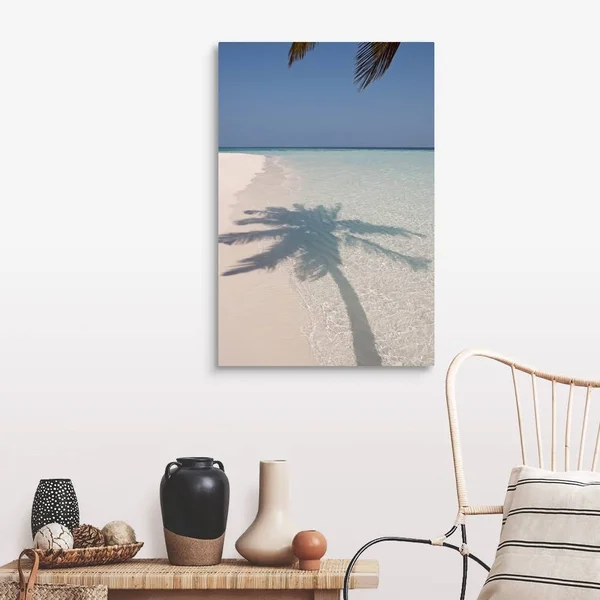 Shadow of A Palm Tree on A Deserted Island Beach - Canvas Wall Art, 24x36, Great Big Canvas