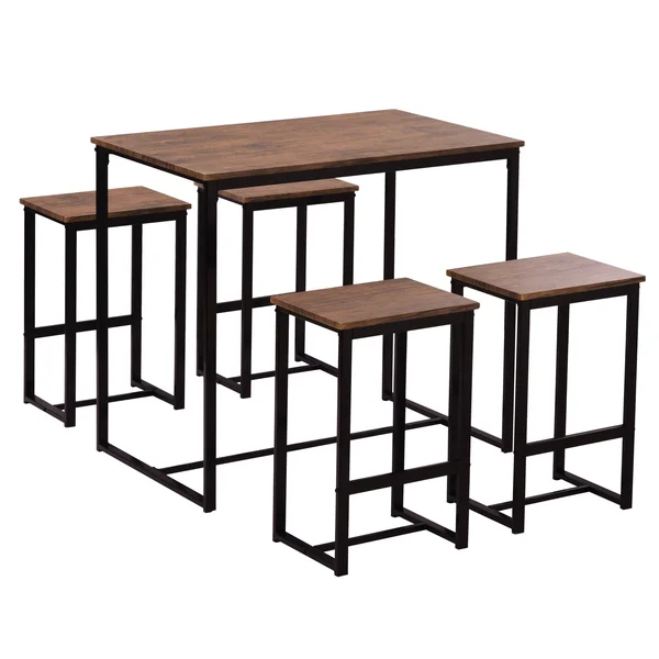 5 Piece Dining Set for 4 Rustic Kitchen Counter Height Pub Table Set with 4 Stools, Brown
