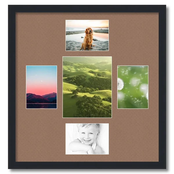 Collage Picture Frame - Satin Black Frame with 5 openings for 8x10 Photos with Brown Sandpiper Mat. D3926DJ327, ArtToFrames