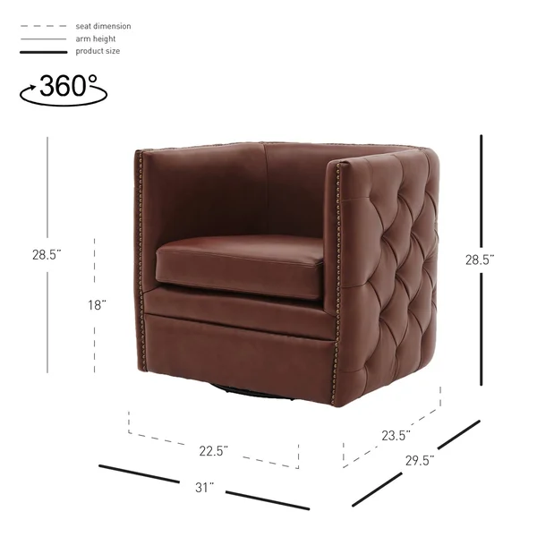 Leslie Top Grain Leather Swivel Tufted Chair - Garrett Brown