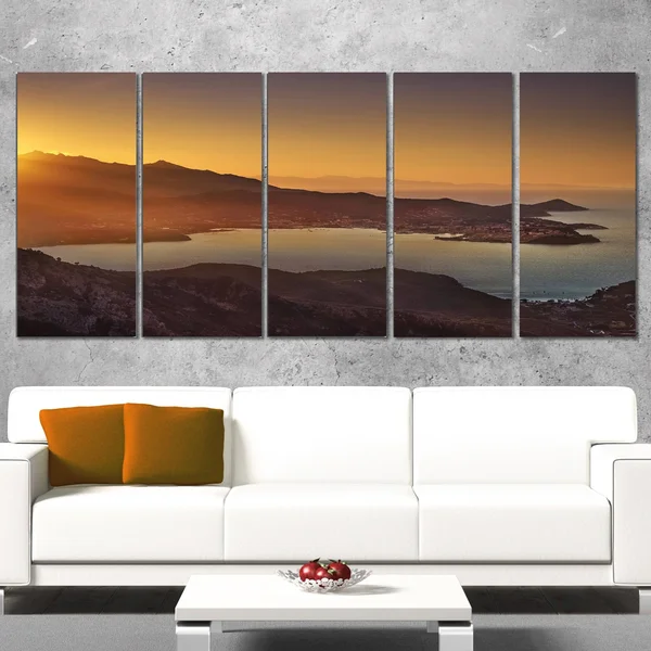 Design Art Portoferraio Bay Beach Aerial View - Extra Large Seashore Canvas Art - 60 in. Wide x 28 in. High - 5 Equal Panels