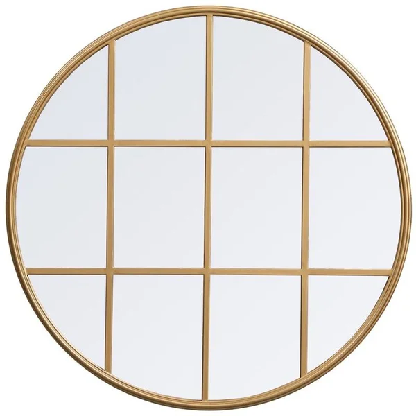 Allora 32x22 Round Mid Century Metal Windowpane Frame Clear Mirror in Brass - A-5145-1998551