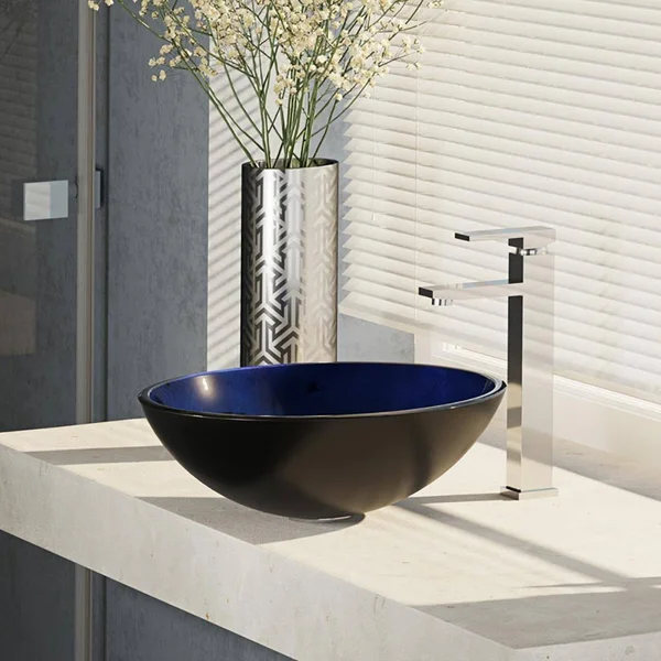 Rene R5-5008-R9-7003-C Foil Undertone Glass Vessel Sink with Chrome Vessel Faucet - Sink Ring, and Vessel Pop-Up Drain