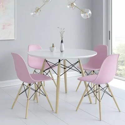5 - Piece Dining Set George Oliver Table Base Color: Natural - Chair Color: Pink/Natural