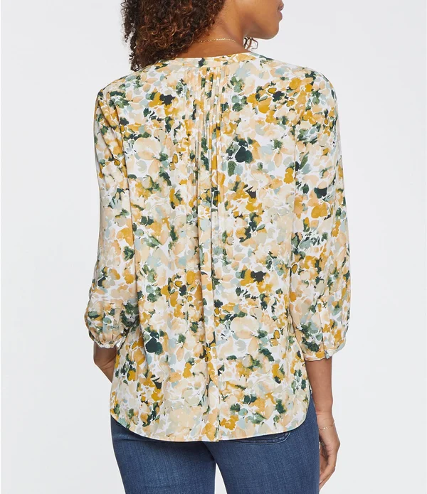 Nydj Westport Bouquet Print Split Round Neck 34 Sleeve Pintuck Blouse - M