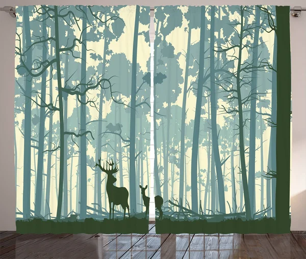 Ambesonne Deer Curtains, Animal Silhouette in Foggy Forest Animals in Nature Themed Cartoon Dusk Artwork, Living Room Bedroom Wi