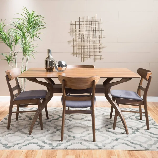 Kloss Curved Leg Rectangular 5-Piece Dining Set - Dark Grey/ Natural Walnut Finish, Gray