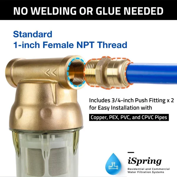 iSpring WSP100B Large Reusable Whole Spin-Down Sediment Water Filter with Scraper and Brass Top Clear Housing, 100 Micron
