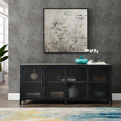 W. Trends 60x22 Industrial Metal Mesh Door TV Stand for Most TV&s Up to 65x22 - Grey Wash