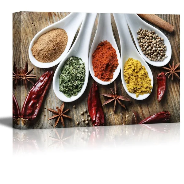 Wall26 - Still Life Various of Spices on Rustic Wooden Table Food Kitchen Concept - Canvas Art Wall Decor - 32 inch x 48 inch, S