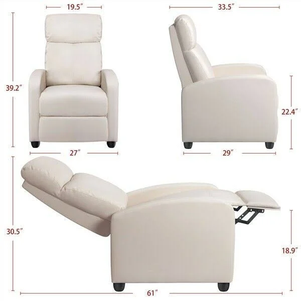 Easyfashion Faux Leather Soft-Cushioned Push Back Recliner - Beige