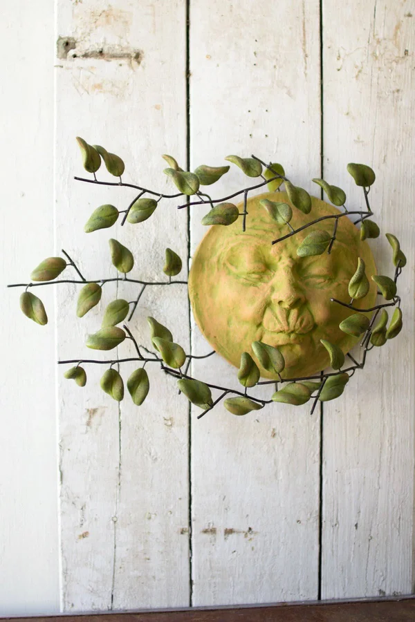 Kalalou Wind Blown Sun Face with Clay Leaves Wall Hanging