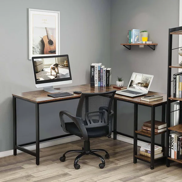 Veikous 53.5 in. W Industrial L-Shaped Computer Writing Corner Desk with 2-Shelves