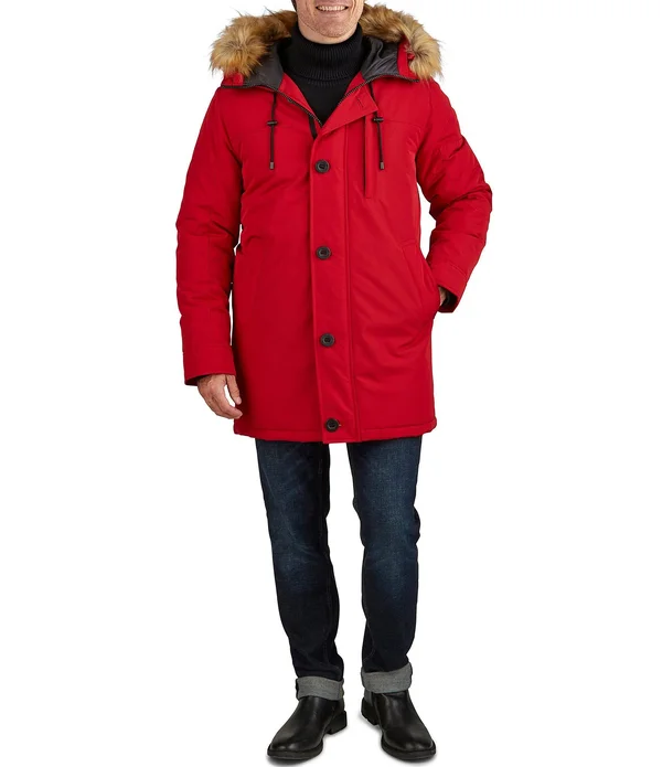 Guess Faux-Fur-Trimmed Hooded Heavyweight Parka, Mens, M, Red