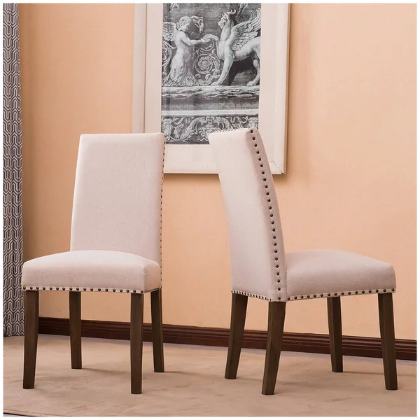 BELLEZE Set of (2) Dining Chairs Linen Armless Nailhead Trim Accent Elegant Side Chair Wooden Leg, Beige
