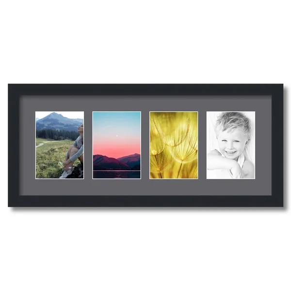 Collage Picture Frame, Satin Black Frame with 4 openings for 5x7 Photos with Mountain Grey Mat. D3926EV15, ArtToFrames