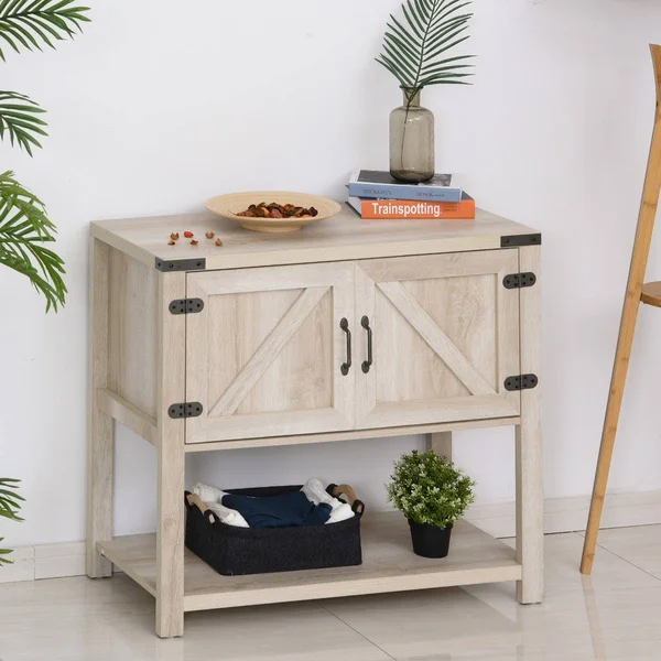 HOMCOM 2-Door Free Standing Storage Cabinet with Bottom Shelf, Kitchen Cupboard, Entryway Storage Cabinet - Oak