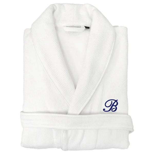 Authentic Hotel and Spa Unisex Navy Blue Monogrammed Turkish Cotton Waffle Weave Terry Bath Robe White E Large/Extra Large