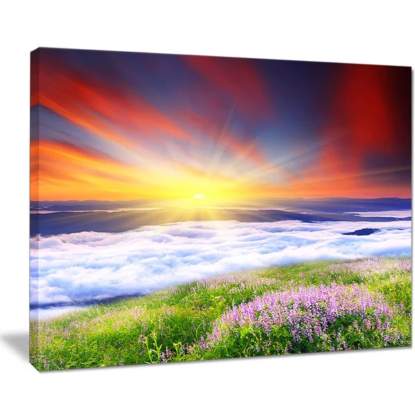 Design Art Sunrise with Blooming Flowers - Landscape Art Canvas Print - Red, 40 in. Wide x 20 in. High