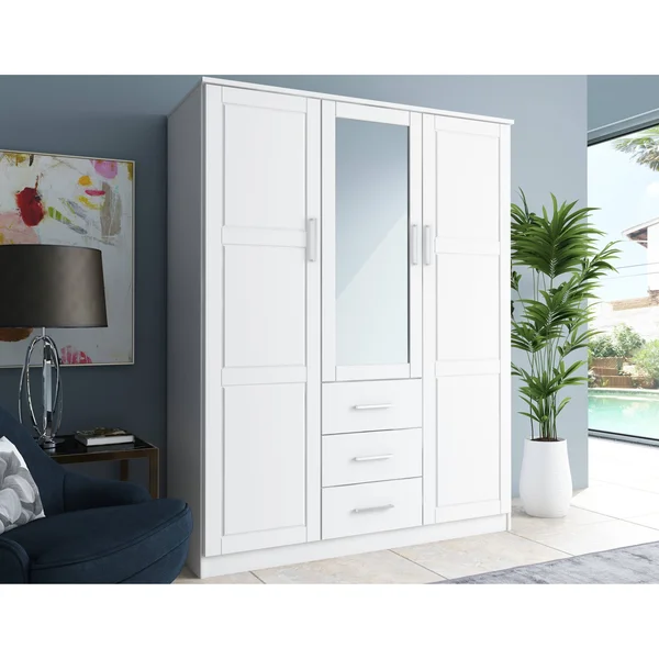100% Solid Wood 3-Door Cosmo Wardrobe with Mirror 7115 by Palace Imports, Gray