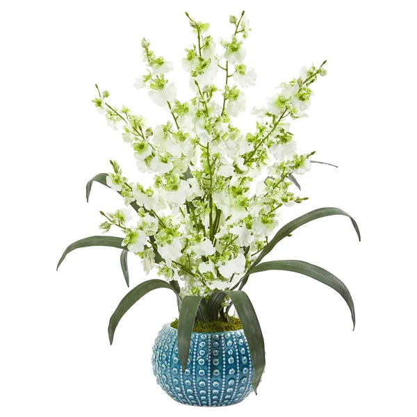 Nearly Natural Dancing Lady Orchid Artificial Arrangement in Blue Vase