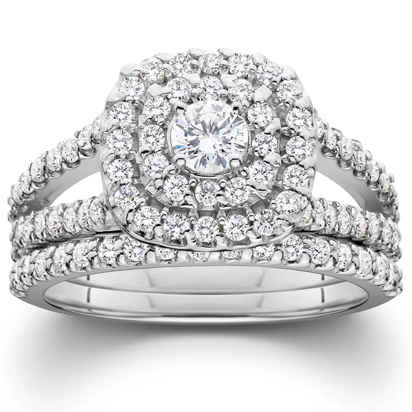 Pompeii3 1 1/10ct Cushion Halo Diamond Engagement Wedding Ring Set 10K White Gold - Size 4.5
