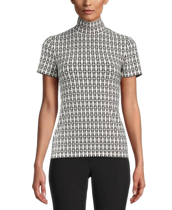 Anne Klein Printed Mock-Neck Top - Anne White/Anne Black