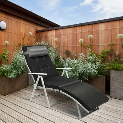 Grube 70x22 Long Reclining Single Chaise with Cushions Wade Logan Color: Gray, Frame Color: White, Cushion Color: Black