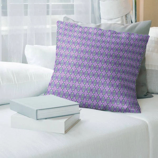 Two Color Lined Diamonds Throw Pillow - 14 x 14 - Purple & Green - Cotton