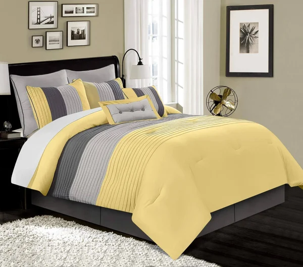 Chezmoi Collection 8-Piece Luxury Striped Comforter Set (King, Yellow/Gray/Paloma)