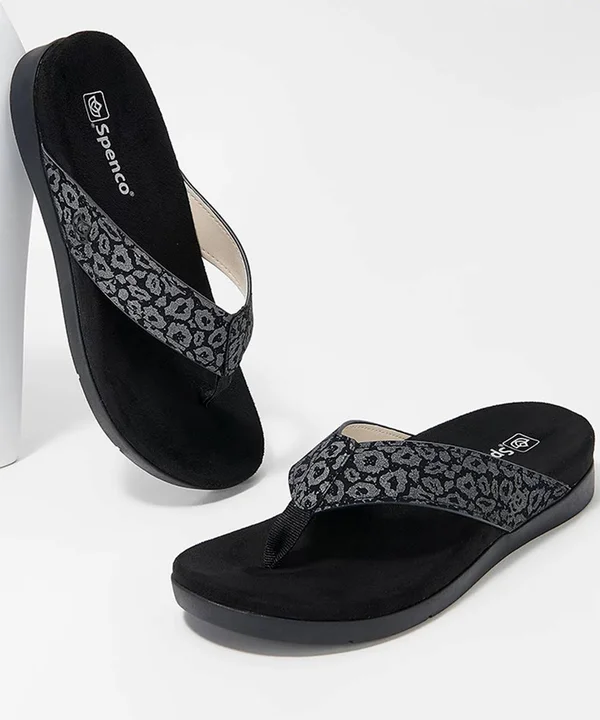 Spenco Orthotic Thong Sandals - Newport Cheetah - Size 5 Medium, Black
