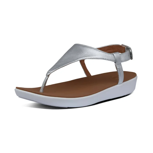 Fitflop Lainey Silver Women's Leather Toe Thong Wedge Sandals BD9-011 - 5