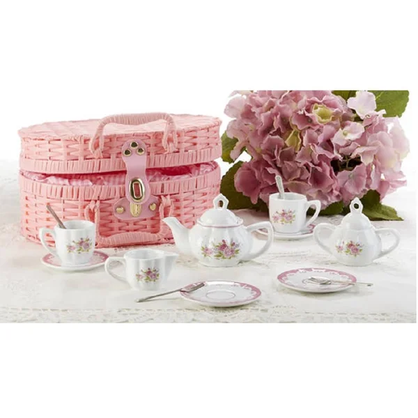 Delton Porcelain Tea Set in Basket, Lavender & Roses