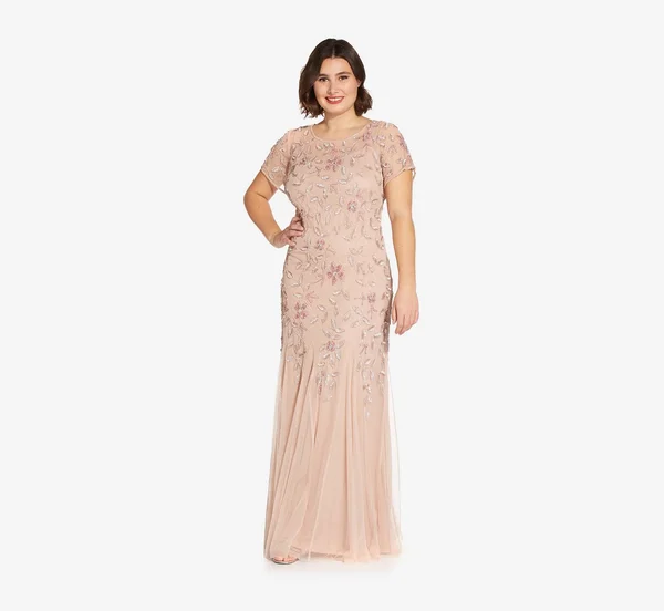 Adrianna Papell Hand Beaded Short Sleeve Floral Godet Gown, Blush, Size: 22